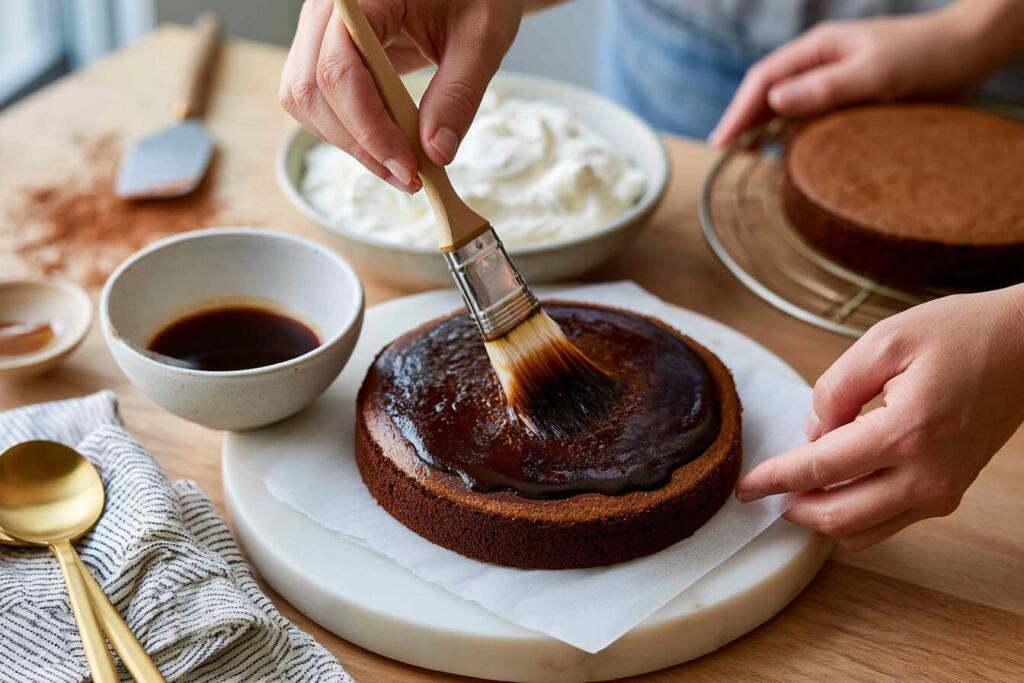 Brushing espresso onto almond protein sponge layer for tiramisu protein cake