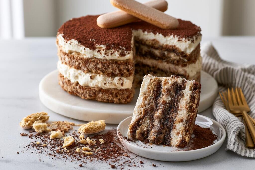 Plated tiramisu protein cake on marble pedestal with cocoa dusting and ladyfingers