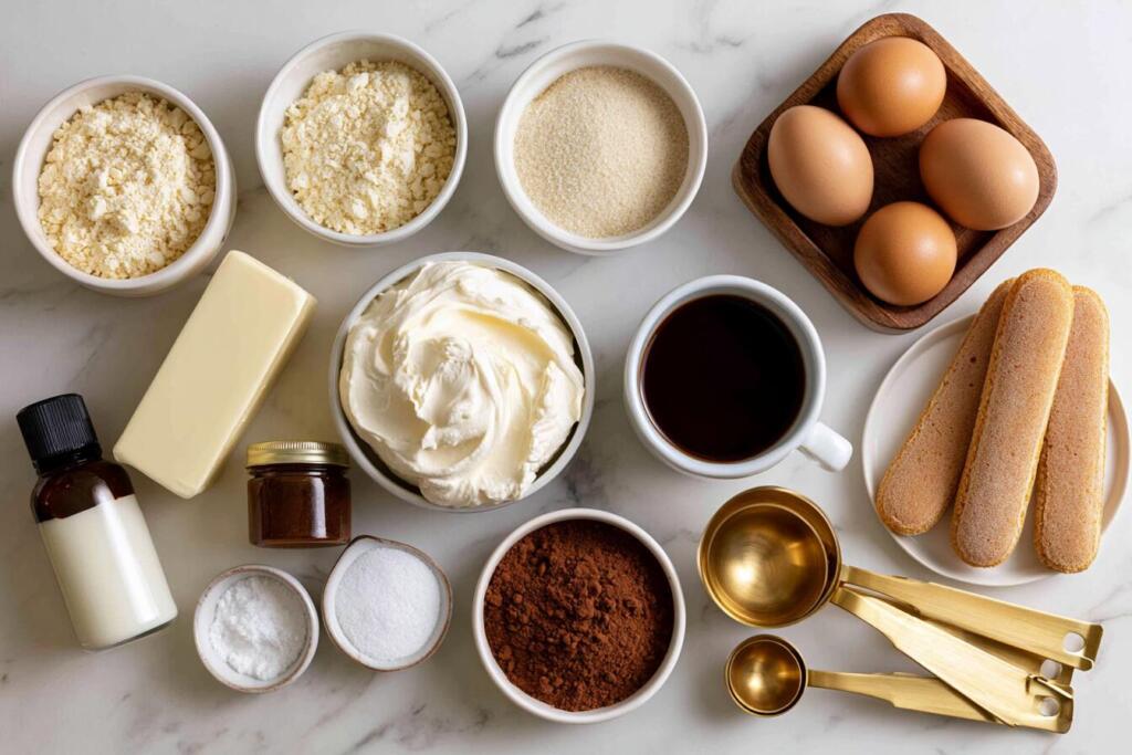 Ingredients for tiramisu protein cake laid out in small bowls — overhead flat lay