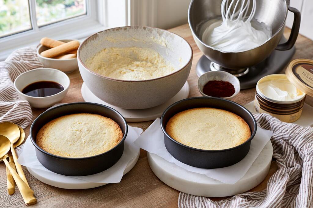 Preparing tiramisu protein cake — sponge batter, mascarpone cream and espresso ready