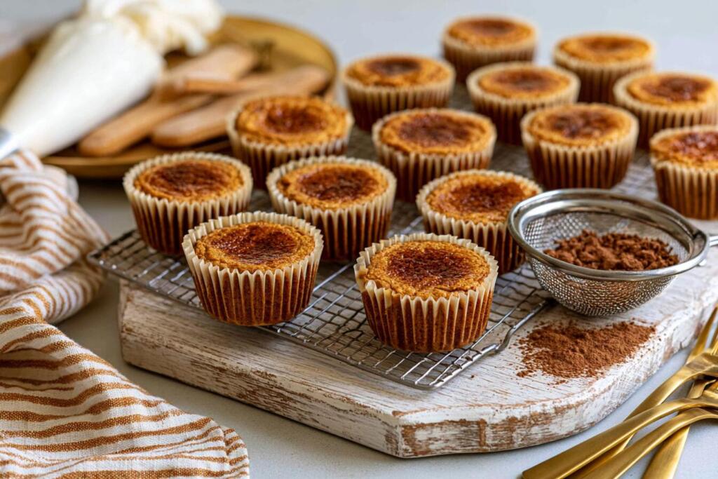 Unfrosted tiramisu protein cupcakes cooling on a wire rack before frosting and cocoa