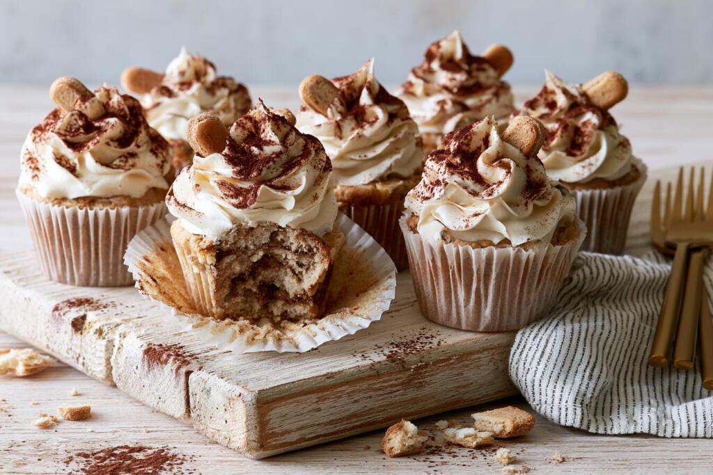 Tiramisu protein cupcakes with mascarpone frosting swirls and cocoa dusting on a wooden board