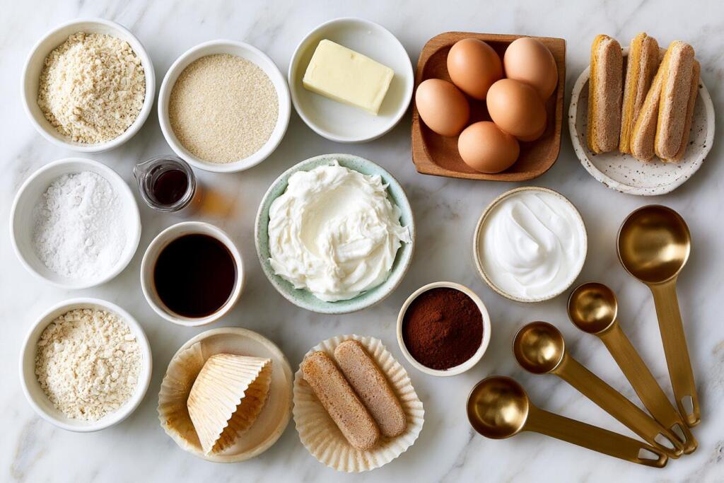 Ingredients for tiramisu protein cupcakes laid out in small bowls, overhead flat lay