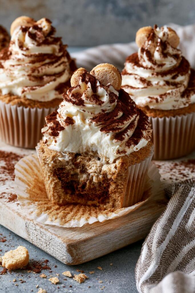 VIRAL tiramisu protein cupcakes with mascarpone frosting swirl and cocoa dusting — high-protein Italian dessert
