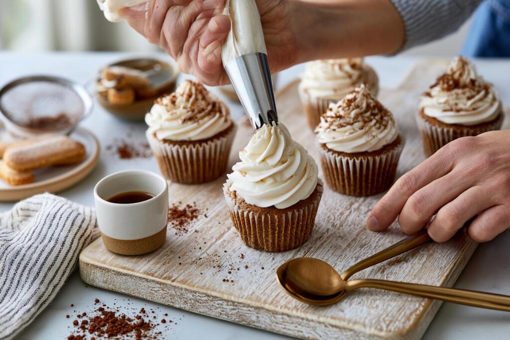 Piping mascarpone whey frosting swirl onto an espresso-brushed tiramisu protein cupcake