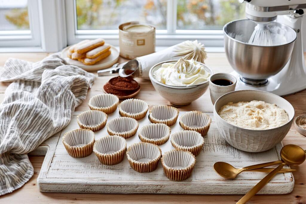 Preparing tiramisu protein cupcakes with batter, piping bag and mascarpone frosting