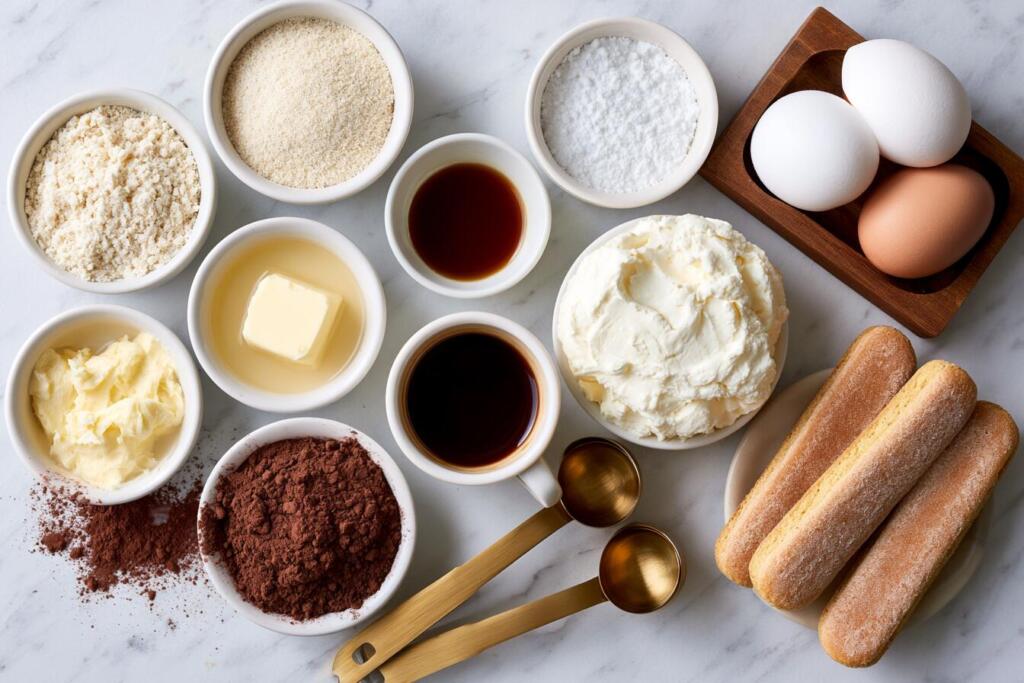 Ingredients for tiramisu protein roll cake laid out in small bowls, overhead flat lay