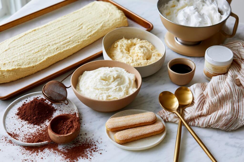 Preparing tiramisu protein roll cake with sponge batter, mascarpone cream and espresso