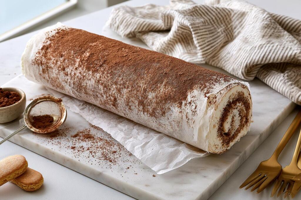 Tiramisu protein roll cake wrapped and ready to chill before final cocoa dusting