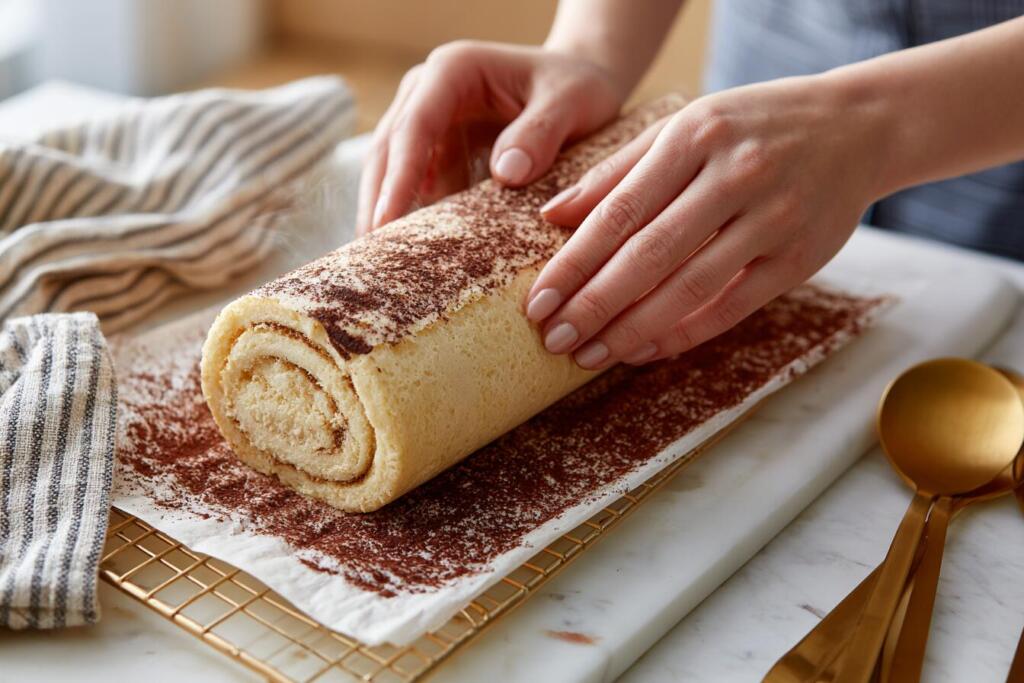 Rolling the hot tiramisu protein sponge in cocoa-dusted parchment while still warm