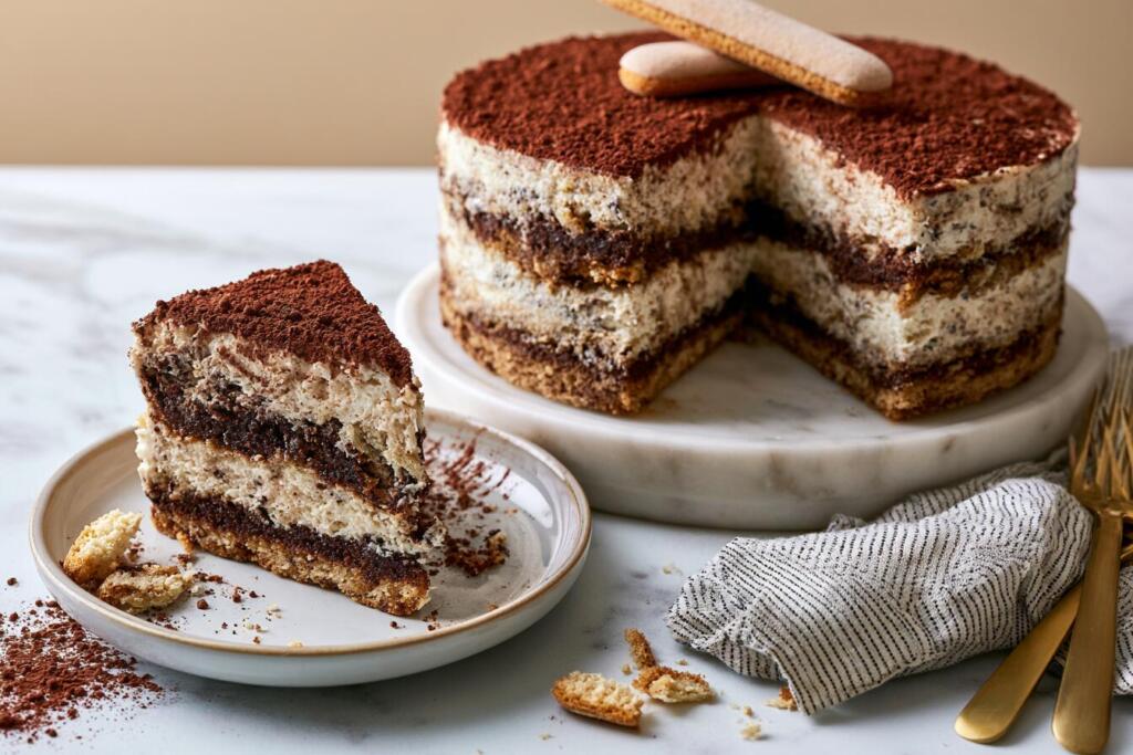 Assembled tiramisu protein cake before cocoa dusting and ladyfinger garnish