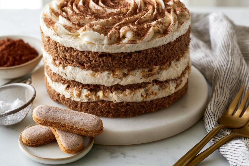 Assembled tiramisu protein cake before cocoa dusting and ladyfinger garnish