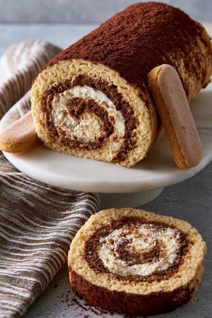 Tiramisu protein roll cake sliced to show the spiral mascarpone 