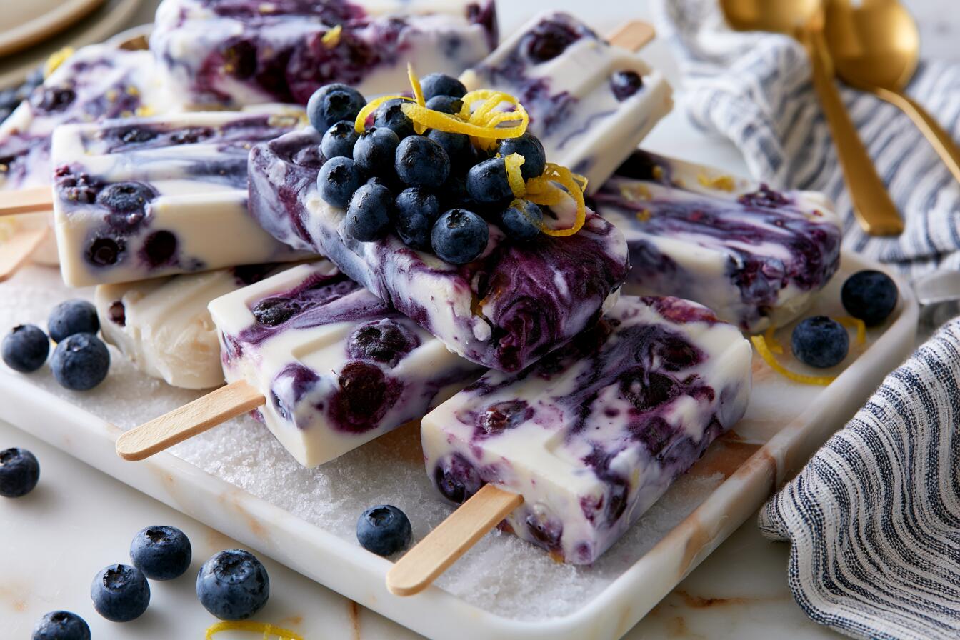 Blueberry protein popsicles on a chilled tray with wild blueberries and lemon zest garnish