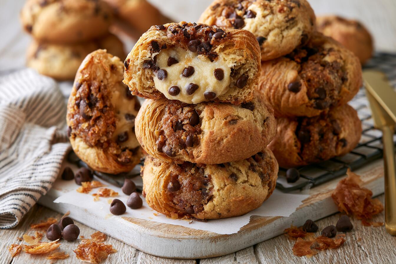 Plated cookie dough stuffed crookies with gooey center and croissant flake texture