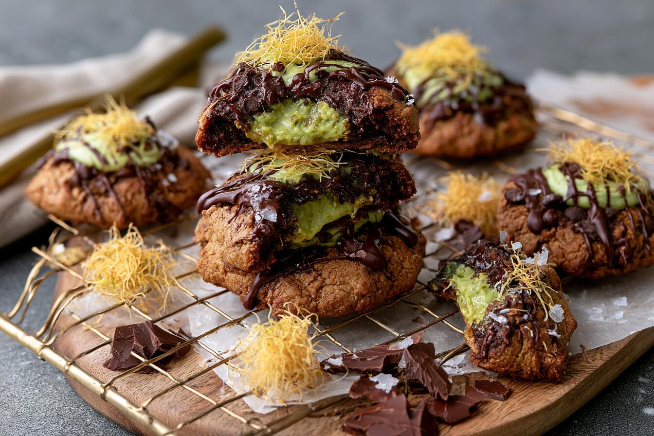 Stack of Dubai chocolate cookies with pistachio cream center, kataifi topping and dark chocolate drizzle