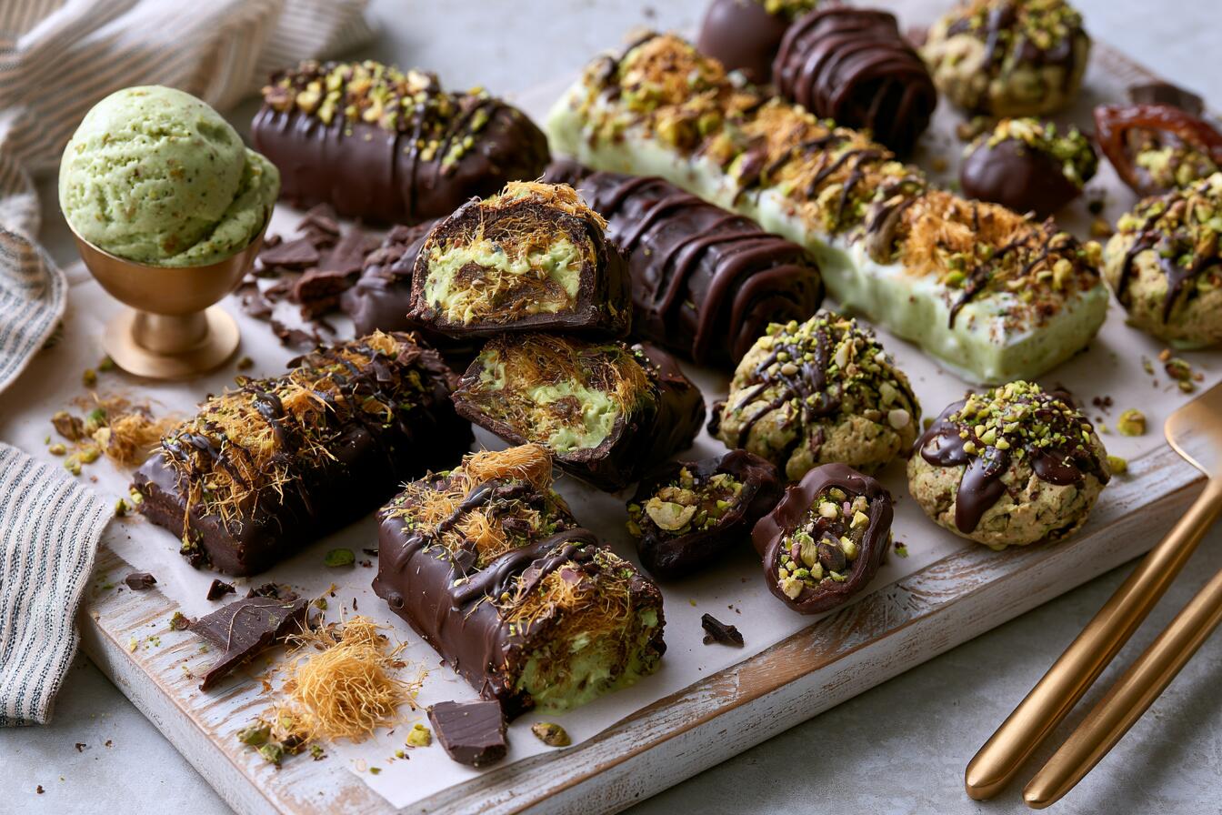 Collection of 9 Dubai chocolate protein desserts with pistachio cream, kataifi and dark chocolate