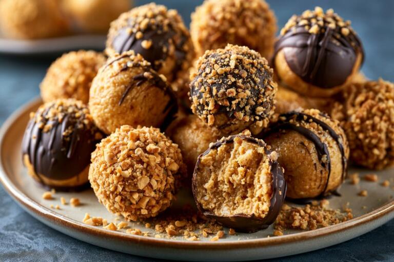 Peanut butter protein balls on a ceramic plate with chocolate drizzle and crushed peanuts