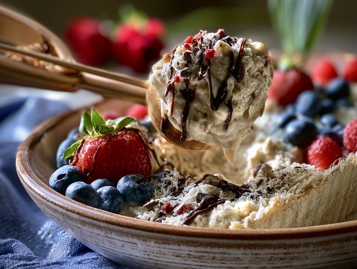 Creamy scoops of high protein protein ice cream in a bowl with chocolate drizzle and berries