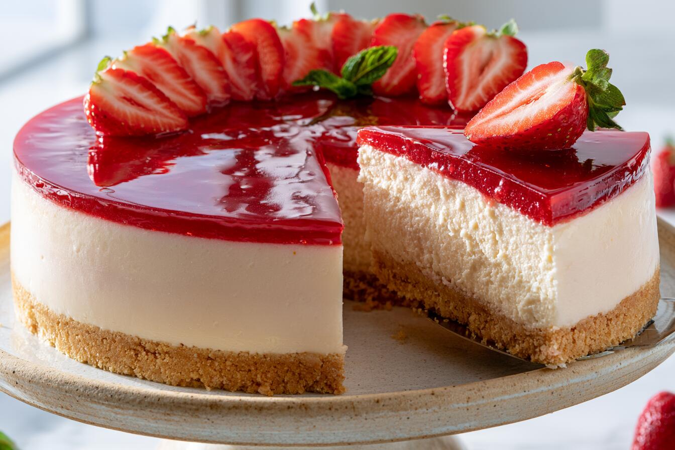 High protein strawberry cheesecake with fresh strawberry topping and creamy no-bake filling