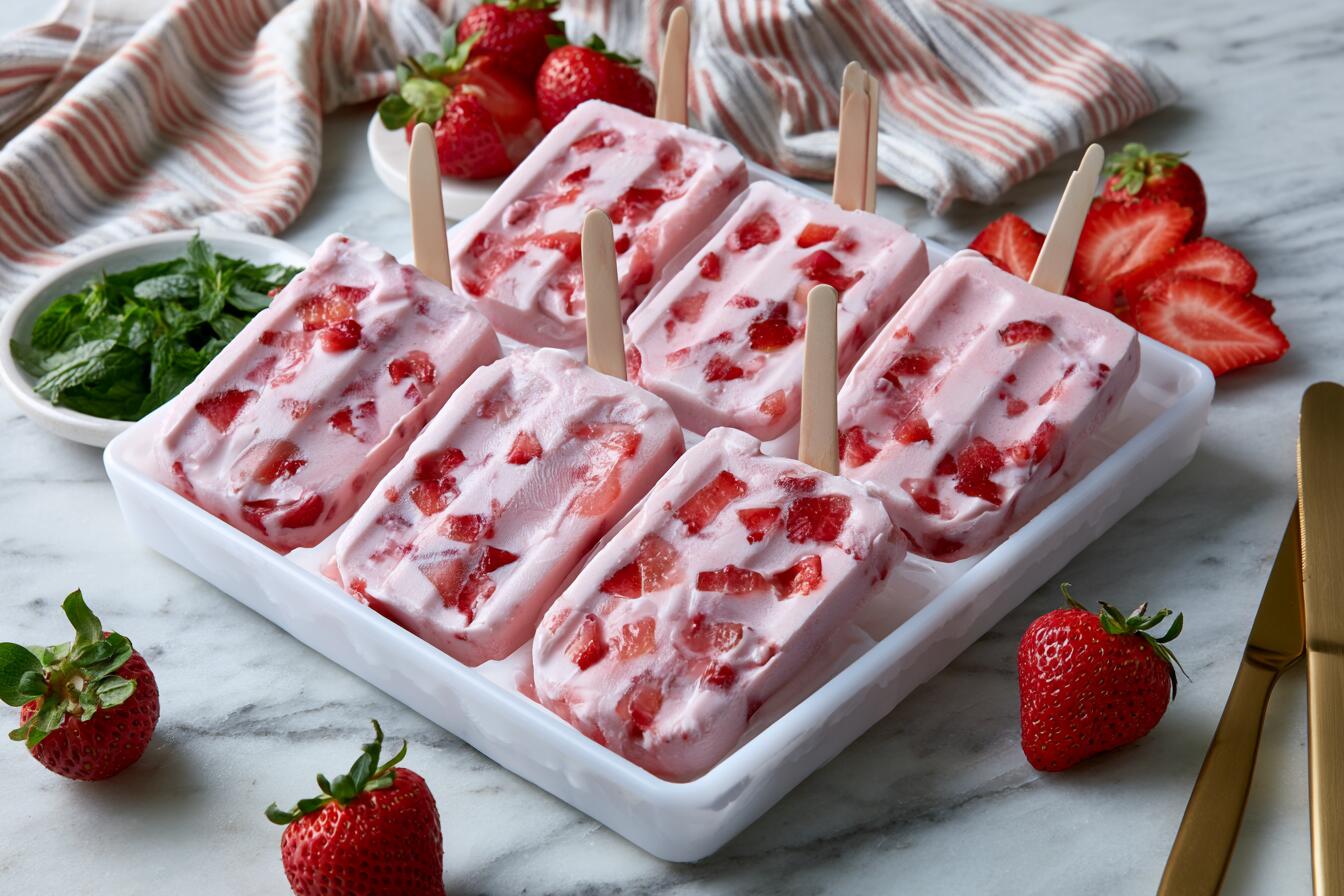 Plated strawberry protein popsicles on a chilled tray with fresh strawberry chunks and mint