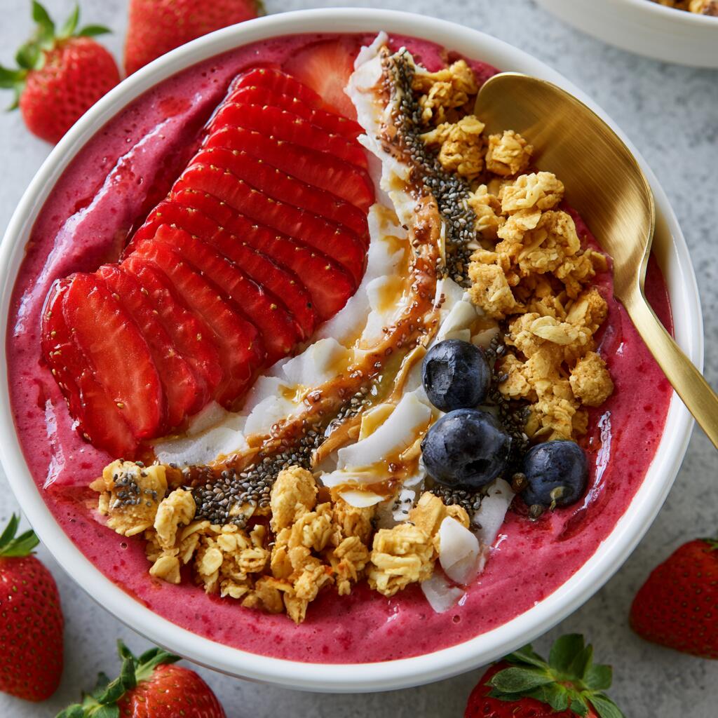 Strawberry protein smoothie bowl topped with granola, sliced strawberries, coconut and chia seeds