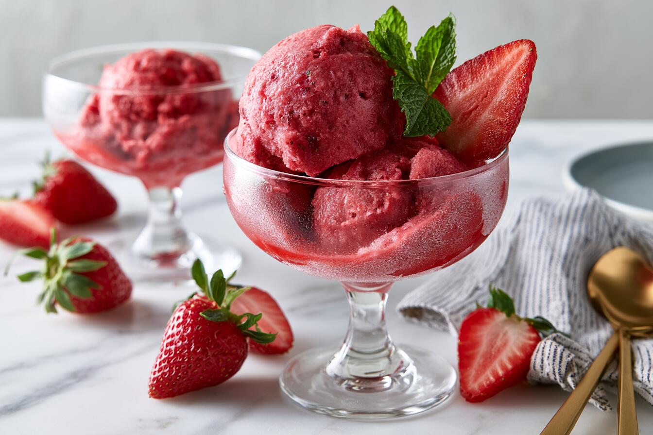 Scoops of strawberry protein sorbet in frosted coupe glasses with fresh strawberries and mint