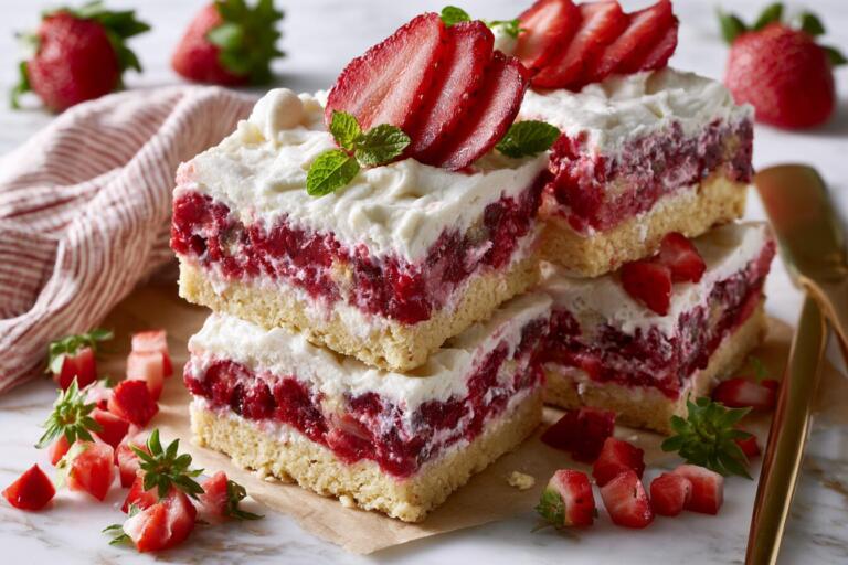 Plated strawberry shortcake protein bars with three layers — shortcake base, strawberry filling, whipped cream