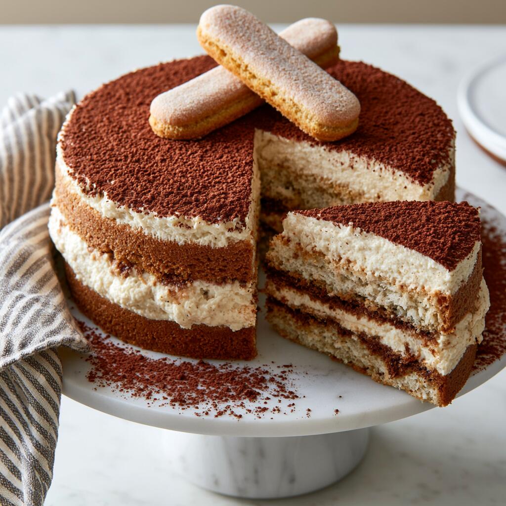 Plated tiramisu protein cake on marble pedestal with cocoa dusting and ladyfingers