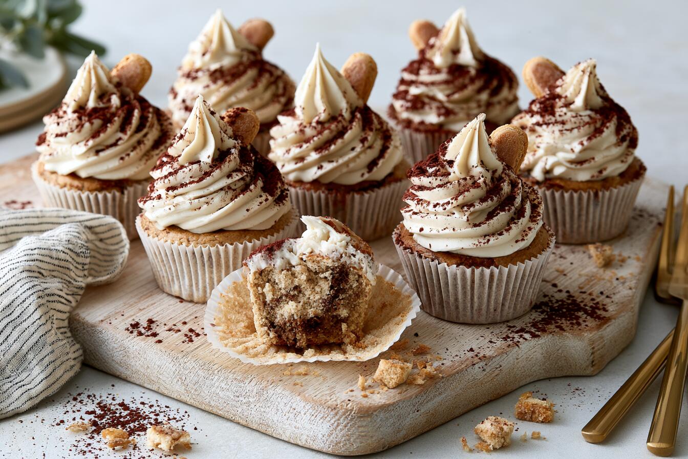 Tiramisu protein cupcakes with mascarpone frosting swirls and cocoa dusting on a wooden board