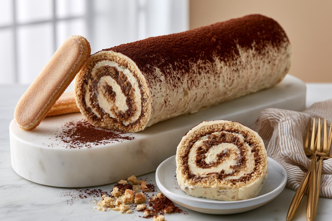 Tiramisu protein roll cake sliced to show the spiral mascarpone cream cross-section